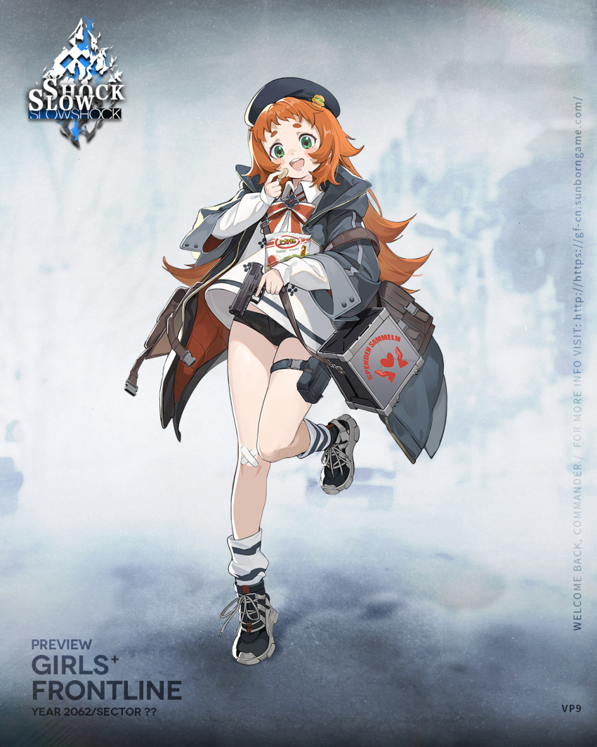 1girl, :d, bag, bag_of_chips, bandaid, bandaid_on_knee, bandaid_on_leg, beret