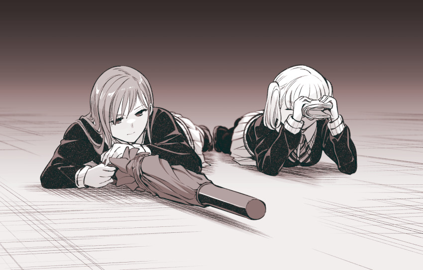 2girls, aiming, book, bow, bowtie, cardigan, greyscale, highres