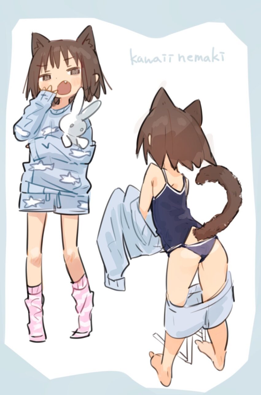 1girl, animal_ears, ass, barefoot, brown_eyes, brown_hair, cat_ears, cat_tail, clothes_pull, commentary, fang, from_behind, full_body, half-closed_eyes, hand_up, highres, holding, holding_stuffed_toy, leaning_forward, long_sleeves, looking_at_viewer, multiple_views, nurui_(3nqyo), open_mouth, original, pajamas, pants, pants_pull, romaji_text, short_hair, shorts, simple_background, sleeves_past_wrists, socks, stuffed_toy, untranslatable_commentary, tail, undressing, white_background, yawning