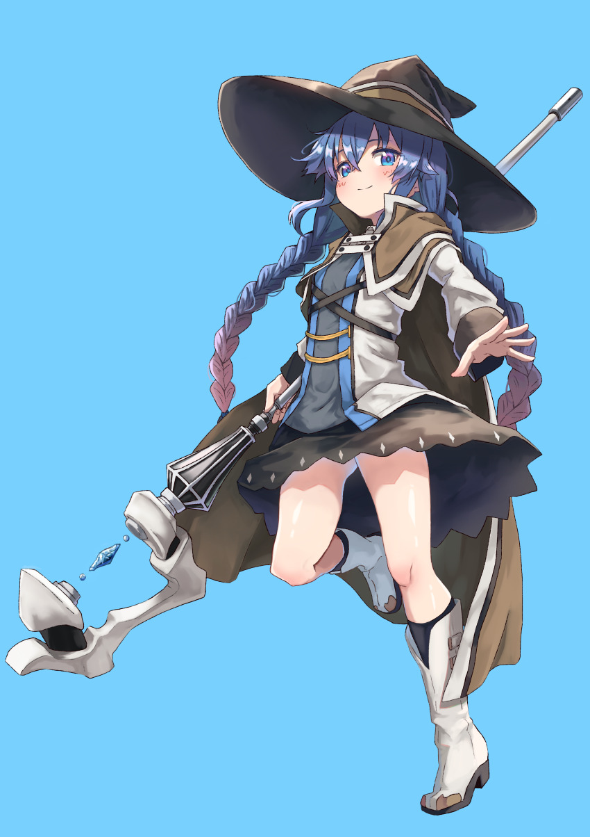 1girl, absurdres, black_hat, black_skirt, black_socks, blue_background, blue_hair, blush