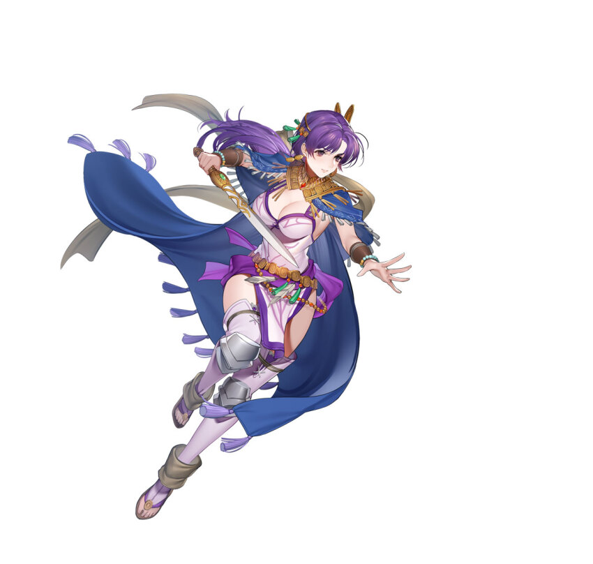 1girl, attack, breasts, cleavage, earrings, female_focus, fire_emblem, fire_emblem:_the_binding_blade, fire_emblem_heroes, hanusu, holding, holding_sword, holding_weapon, jewelry, juno_(fire_emblem), juno_(nimble_grace)_(fire_emblem), matching_hair/eyes, medium_breasts, nintendo, official_alternate_costume, official_art, pelvic_curtain, purple_eyes, purple_hair, solo, sword, tassel, tassel_earrings, toeless_footwear, toes, v-shaped_eyebrows, weapon