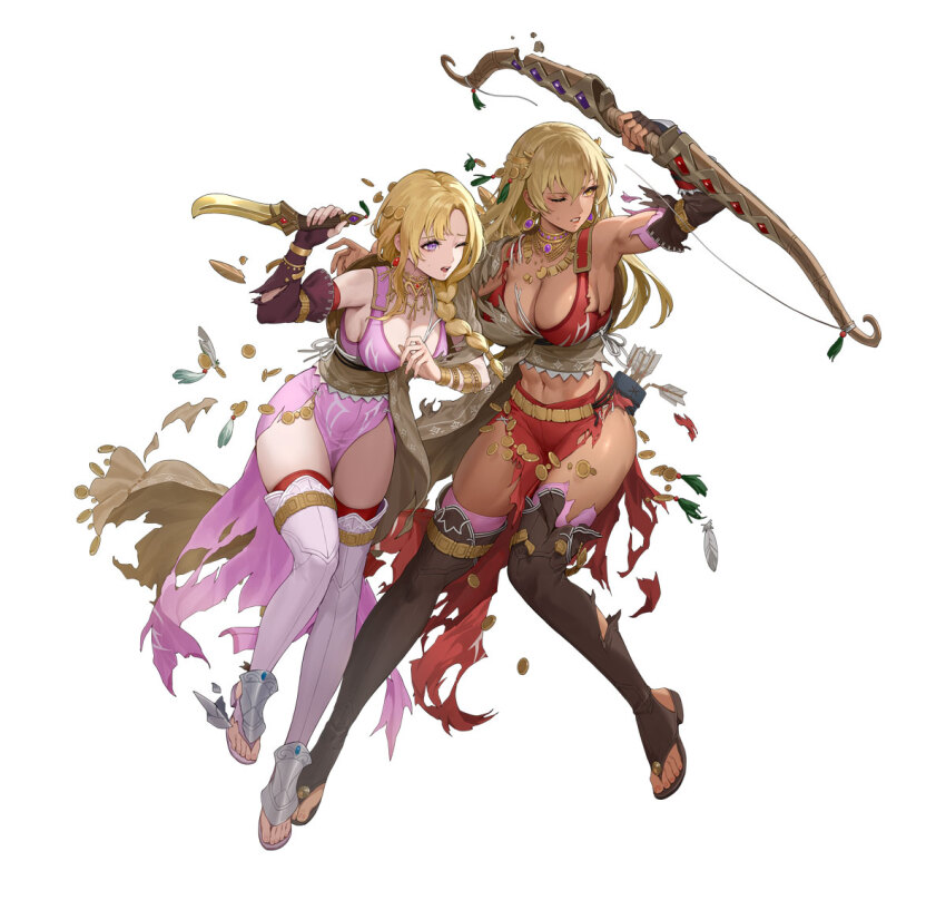 2girls, alternate_costume, armpits, arrow_(projectile), blonde_hair, bow_(weapon), breasts, brown_thighhighs
