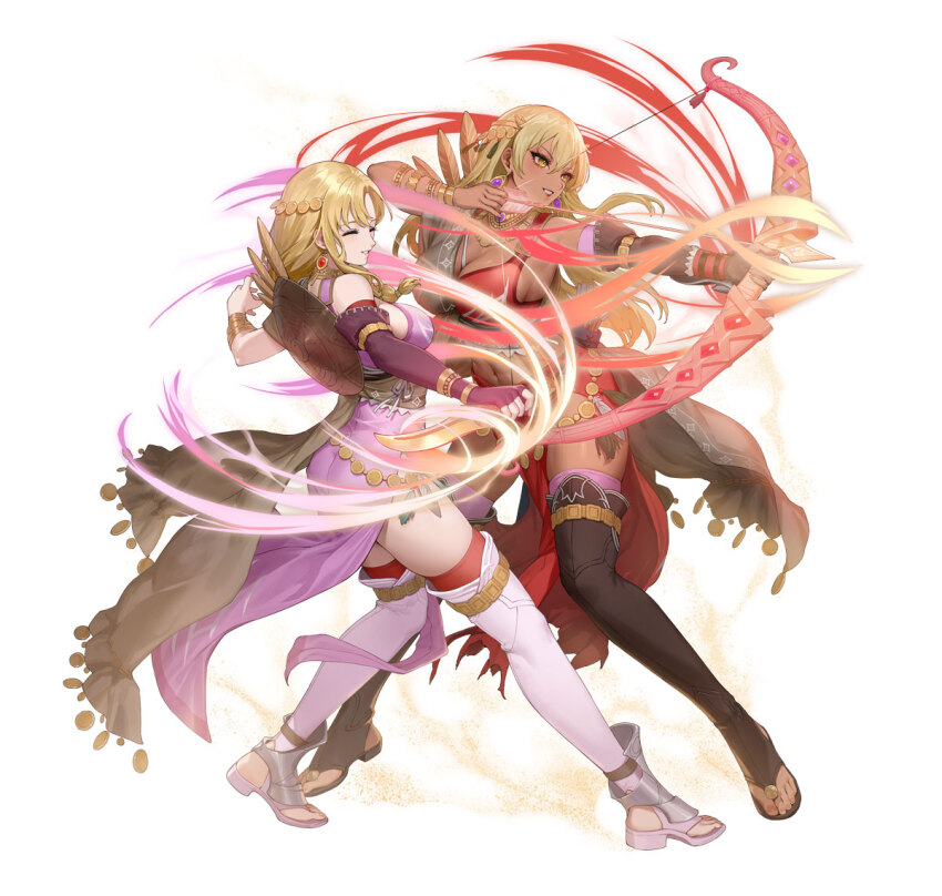 2girls, aiming, alternate_costume, arrow_(projectile), ass, attack, blonde_hair, bow_(weapon)