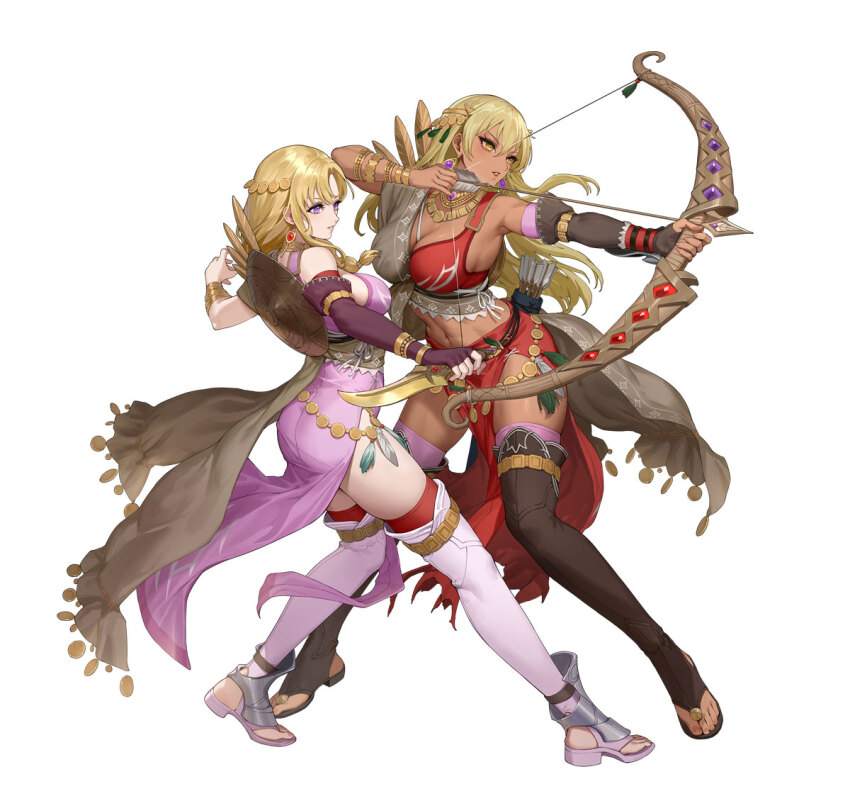 2girls, aiming, alternate_costume, arrow_(projectile), ass, attack, blonde_hair, blue_eyes