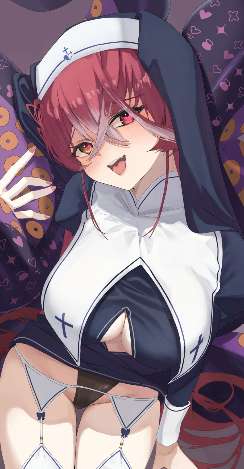 1girl, absurdres, black_dress, black_panties, blush, breasts, cleavage, clothing_cutout, cross, dress, eyes_visible_through_hair, fang, habit, hair_between_eyes, hat, heart, heterochromia, highres, holding_tentacle, hololive, hololive_english, houshou_marine, large_breasts, leaning_forward, long_hair, looking_at_viewer, multicolored_hair, ninomae_ina'nis, noviceeeeeeee, nun, open_mouth, panties, red_eyes, solo, streaked_hair, teeth, tentacles, thighhighs, thighs, tongue, tongue_out, underwear, virtual_youtuber, white_thighhighs, yellow_eyes