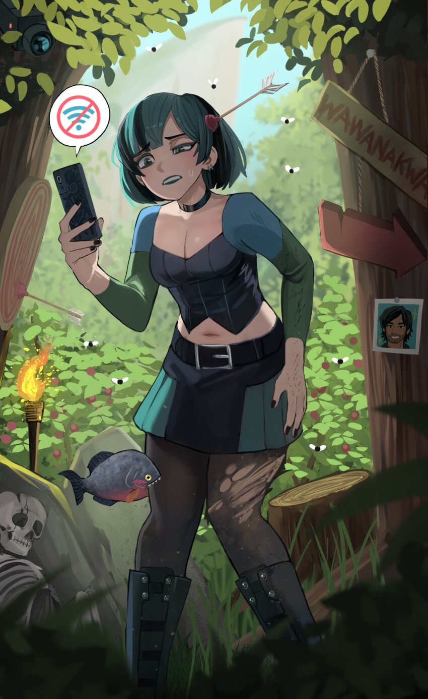 1girl, belt, black_nails, black_pantyhose, breasts, bug, cellphone, chris_mclean, cleavage, commentary, english_commentary, fly, forest, goth_fashion, green_lips, green_skirt, gwen_(total_drama), highres, holding, holding_phone, insect, jourd4n, medium_breasts, midriff, multicolored_hair, nature, navel, pantyhose, phone, piranha, skeleton, skirt, streaked_hair, torch, total_drama