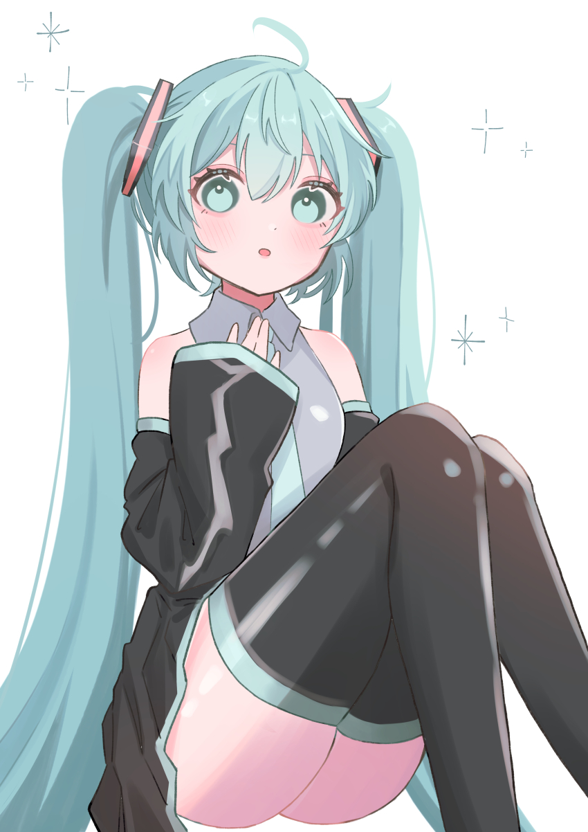 1girl, :o, \||/, absurdres, ahoge, aqua_eyes, aqua_hair, aqua_necktie, ass, bare_shoulders, blush, collared_shirt, detached_sleeves, dot_nose, hair_ornament, hatsune_miku, highres, legs_together, long_hair, looking_at_viewer, mokoinu_(pixiv_27216243), necktie, open_mouth, shirt, simple_background, sitting, skirt, sleeveless, sleeveless_shirt, sleeves_past_wrists, solo, star_(symbol), thighhighs, twintails, very_long_hair, vocaloid, white_background