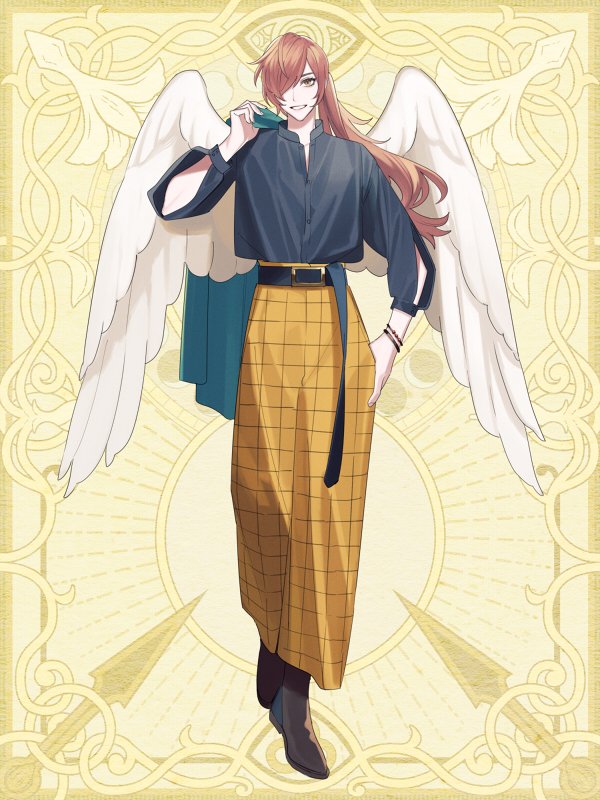 1boy, a_hubert, angel_wings, arm_cutout, baggy_pants, bead_bracelet, beads, belt