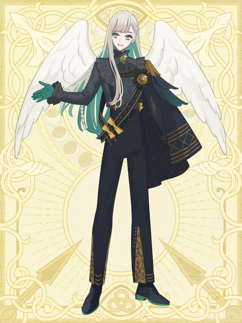 1boy, androgynous, angel_wings, ascot, award_ribbon, black_ascot, black_cape, black_footwear