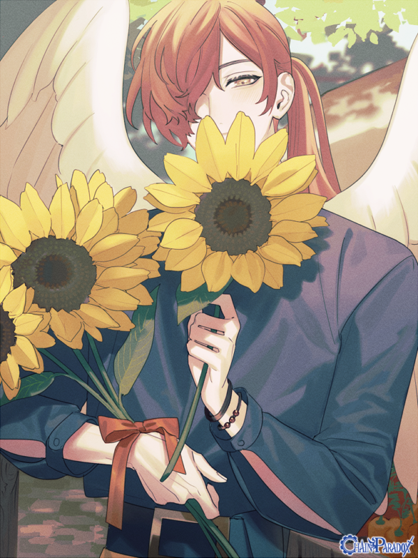 1boy, a_hubert, angel_wings, arm_cutout, bead_bracelet, beads, belt, belt_buckle