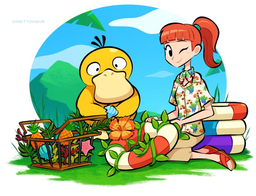 1girl, blue_sky, cloud, flower, food, fruit, gen_1_pokemon, grass