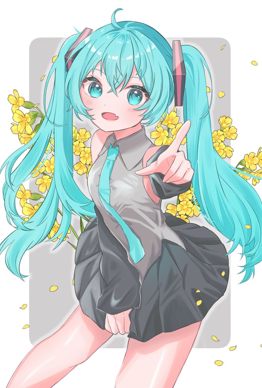 1girl, ahoge, aqua_eyes, aqua_hair, aqua_necktie, bare_shoulders, buttercup_(flower), collared_shirt