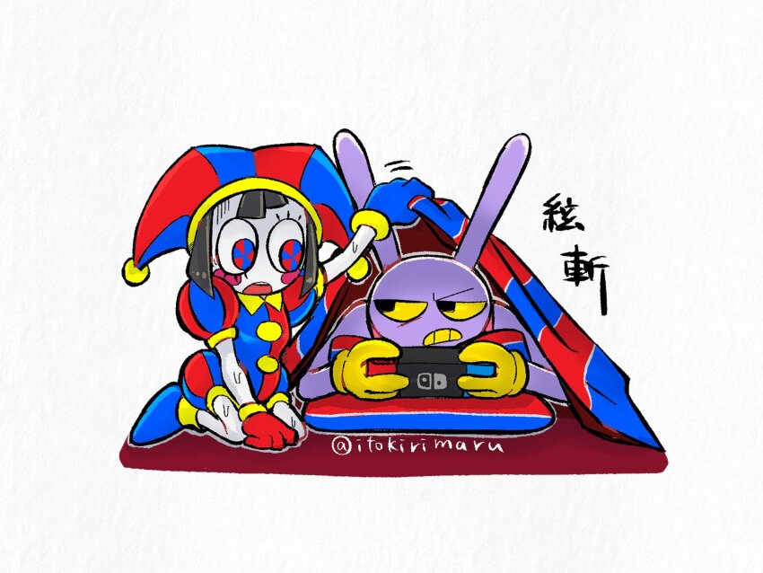 1boy, 1girl, animal_ears, black_eyes, blue_eyes, clenched_teeth, colored_sclera, commentary_request, gloves, handheld_game_console, hat, heterochromia, highres, holding, holding_handheld_game_console, itokirimaru, jax_(the_amazing_digital_circus), jester, jester_cap, nintendo_switch, pale_skin, pomni_(the_amazing_digital_circus), rabbit, rabbit_ears, red_eyes, short_hair, teeth, the_amazing_digital_circus, translation_request, under_covers, yellow_sclera
