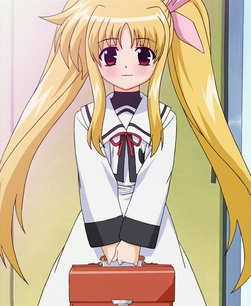 1girl, bag, blonde_hair, blush, closed_mouth, dot_nose, fate_testarossa, female_focus