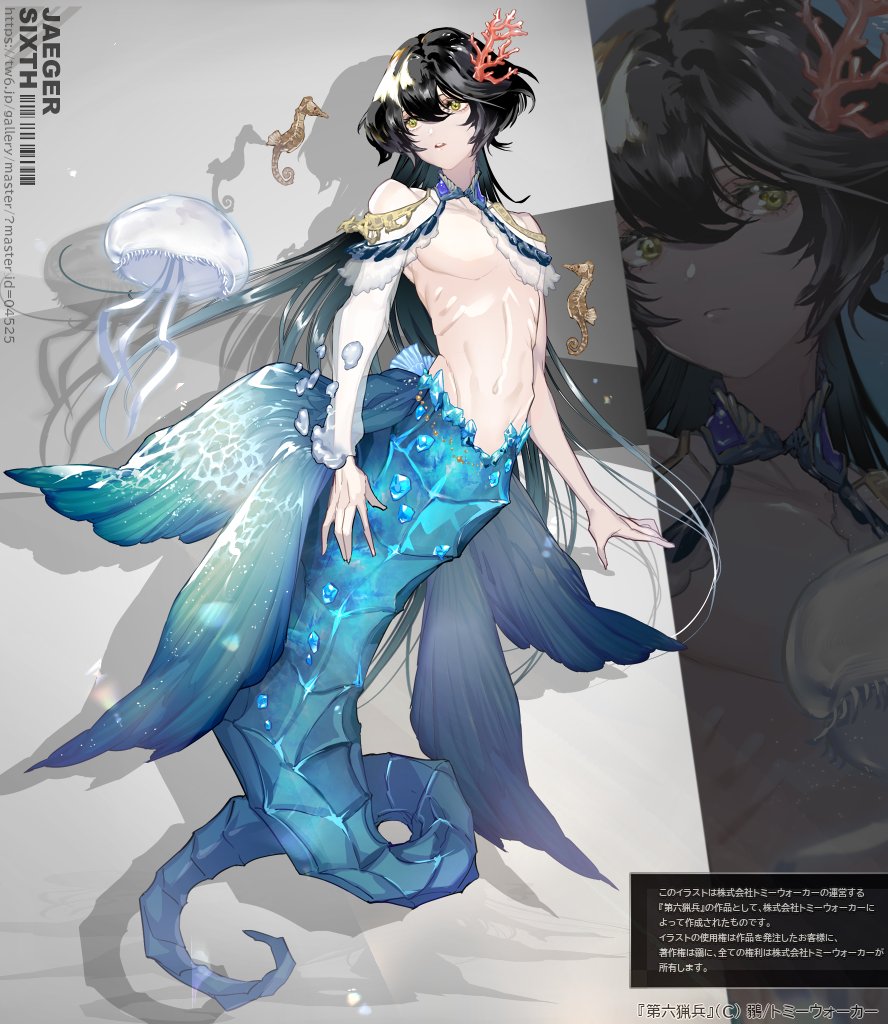 1boy, air_bubble, black_hair, blue_gem, blue_hair, bubble, caustics, closed_mouth, copyright_name, copyright_notice, coral, coral_hair_ornament, dairoku_ryouhei, expressionless, fish, full_body, gem, gradient_hair, grey_background, hair_between_eyes, hair_ornament, jack_cocot, jellyfish, liquid_clothes, long_hair, looking_at_animal, looking_at_viewer, looking_to_the_side, male_focus, mermaid, merman, monster_boy, monster_girl, multicolored_hair, no_nipples, parted_lips, ribs, riolis_violella, seahorse, see-through_clothes, see-through_sleeves, shadow, shrug_(clothing), sideways_glance, teeth, topless_male, translation_request, upper_teeth_only, waist_cape, yellow_eyes, zoom_layer
