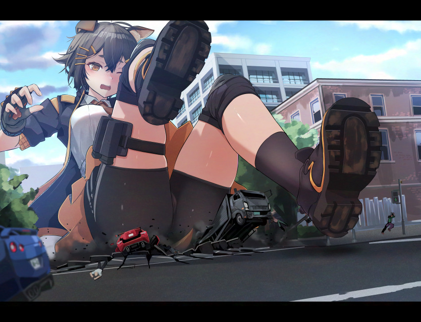 1girl, absurdres, animal_ears, arknights, bike_shorts, bike_shorts_under_skirt, black_hair, black_jacket