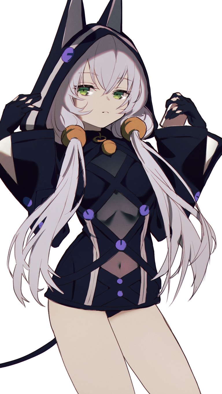 1girl, altina_orion, animal_ear_hood, animal_ears, bell, black_gloves, black_hoodie, breasts