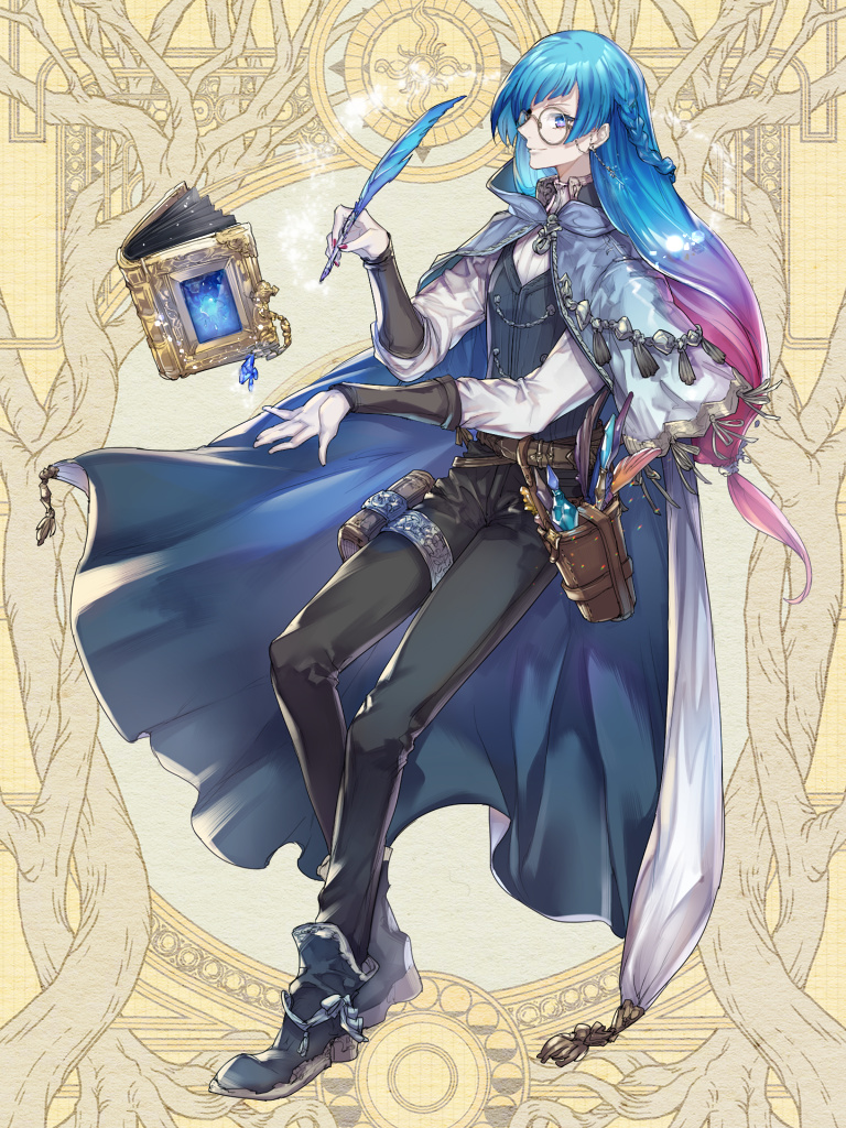1boy, alba_alfurira, androgynous, ankle_boots, arm_guards, belt, belt_pouch, black_boots, black_pants, blue_cloak, blue_eyes, blue_hair, book, book_holster, boots, braid, brown_belt, cloak, closed_mouth, dairoku_ryouhei, diagonal_bangs, earrings, eyewear_strap, floating, floating_book, floating_earrings, floating_object, full_body, glasses, gradient_hair, grey_vest, half_up_braid, holding, holding_quill, jack_cocot, jewelry, light_particles, long_hair, long_sleeves, looking_at_viewer, low-tied_long_hair, male_focus, multicolored_hair, nail_polish, object_floating_above_hand, open_book, pants, pink_hair, pouch, profile, quill, red_nails, round_eyewear, shirt, sideways_glance, smile, solo, standing, star_(symbol), star_earrings, tassel, thigh_strap, two-sided_cloak, two-sided_fabric, vest, vial, white_cloak, white_shirt