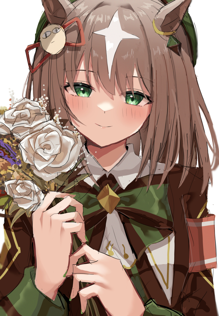 absurdres, animal_ears, blush, brown_hair, collared_shirt, diamond_(shape), flower, gintama, green_eyes, green_ribbon, hat, highres, horse_ears, horse_girl, just_a_way_(racehorse), justaway, light_smile, looking_at_viewer, mare_ma, medium_hair, multicolored_hair, original, ribbon, shirt, umamusume, white_flower