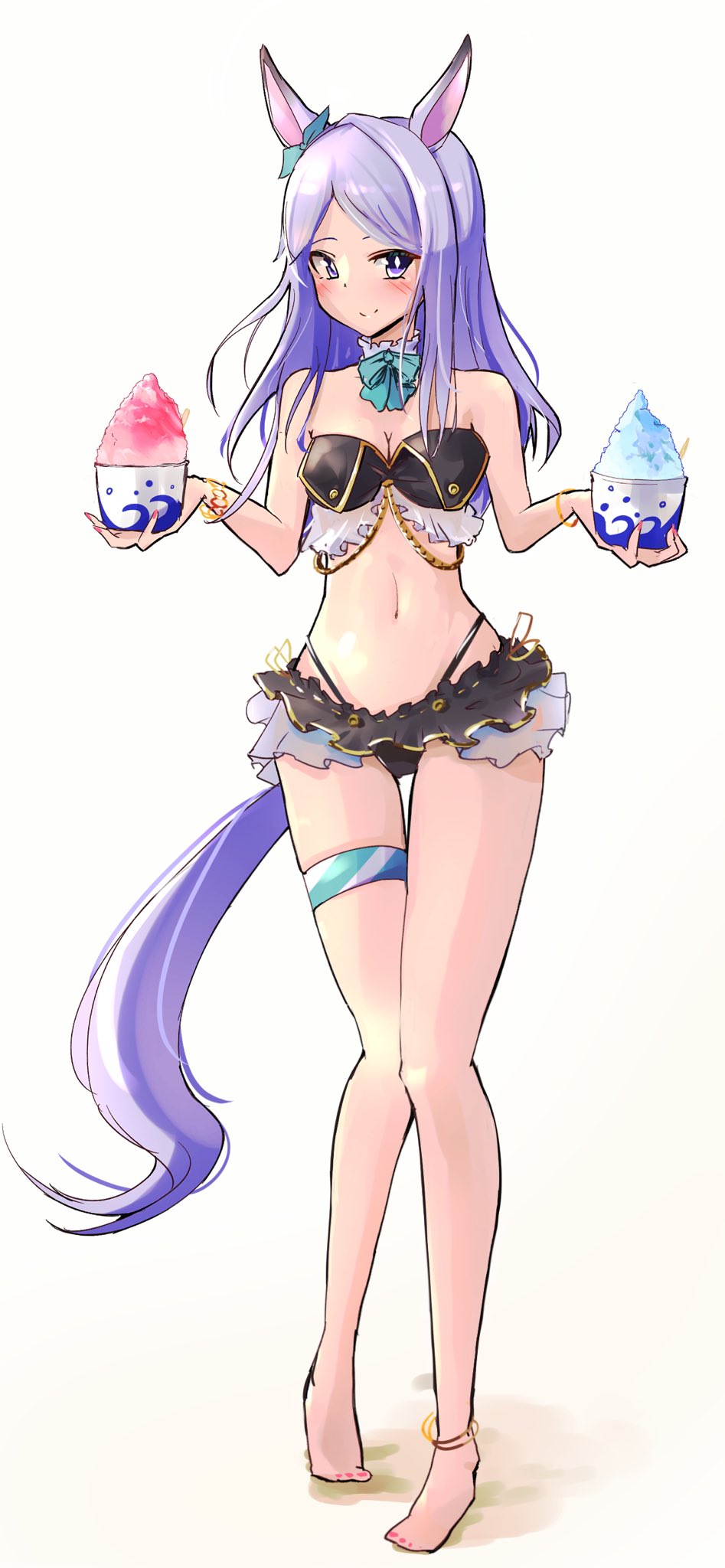 1girl, animal_ears, arms_at_sides, barefoot, breasts, cleavage, commentary_request, desert, food, full_body, highres, horse_ears, horse_girl, horse_tail, kyabetsuman, looking_at_viewer, mejiro_mcqueen_(umamusume), navel, purple_eyes, purple_hair, shaved_ice, small_breasts, solo, swimsuit, tail, umamusume, white_background