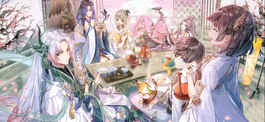 1girl, 5boys, :d, ;|, ^_^, animal, animal_on_lap, animated