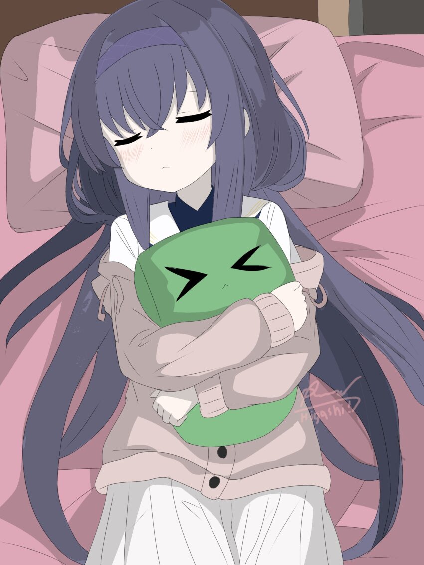 1girl, bed, black_hair, blue_archive, hair_between_eyes, headband, highres, hugging_object, long_hair, long_sleeves, lying, on_back, on_bed, open_clothes, pillow, signature, skirt, sleeping, solo, ui_(blue_archive), wetspeaker