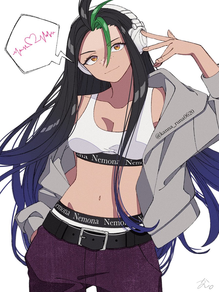 1girl, belt, black_hair, breasts, cleavage, clothes_writing, dark-skinned_female, dark_skin, green_hair, headphones, highres, jacket, kanro_149, long_hair, looking_at_viewer, medium_breasts, multicolored_hair, nemona_(pokemon), nintendo, panties, pokemon, pokemon_scarlet_and_violet, simple_background, smile, solo, speech_bubble, sports_bra, underwear, underwear_writing, very_long_hair