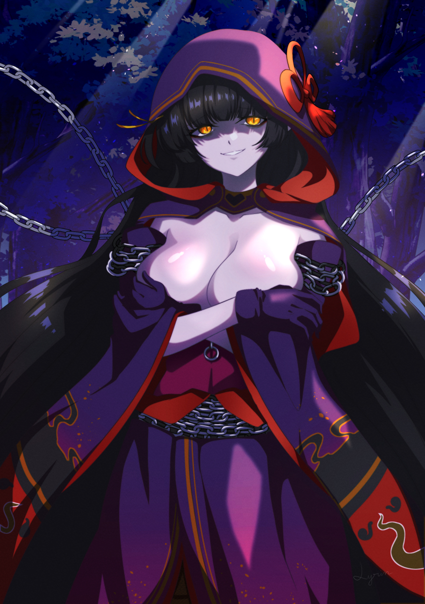 1girl, absurdres, bare_shoulders, black_hair, breasts, cleavage, colored_skin, crossed_arms, duel_monster, gloves, grin, highres, hood, hood_up, large_breasts, long_sleeves, lyrin_(haireirei), orange_eyes, purple_skin, ragnaraika_chain_coils, short_hair, smile, solo, wide_sleeves, yu-gi-oh!