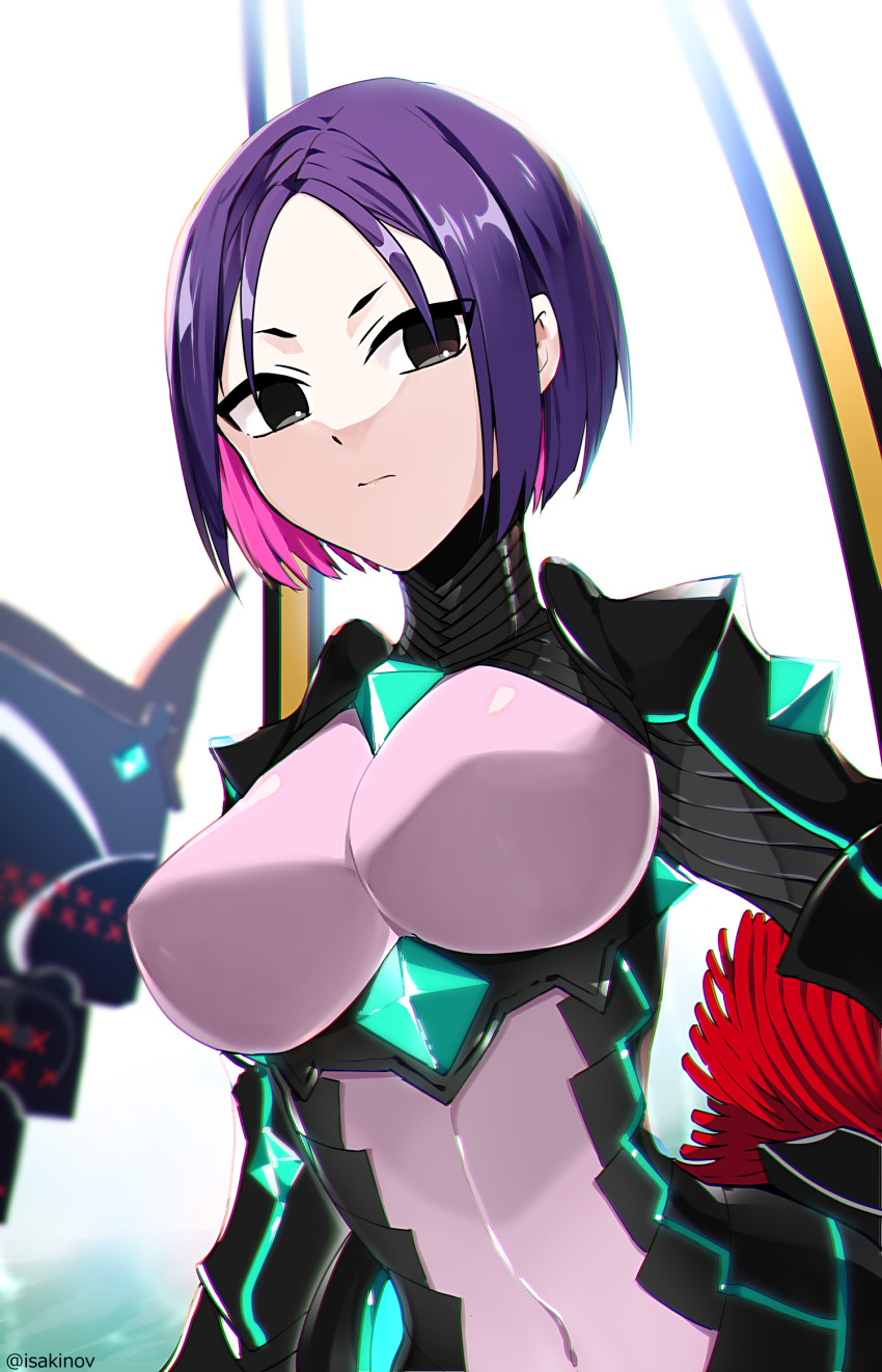 1girl, alternate_breast_size, armor, black_armor, black_bodysuit, black_eyes, bodysuit, breasts, covered_navel, fate/grand_order, fate/samurai_remnant, fate_(series), highres, large_breasts, looking_at_viewer, minamoto_no_raikou_(fate), neon_trim, parted_bangs, purple_hair, short_hair, sukiniyaru, ushi_gozen_(avenger)_(fate), ushi_gozen_(fate), ushi_gozen_(fate/samurai_remnant)