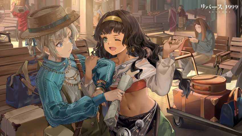 2girls, arm_grab, bag, basket, bench, black_hair, blue_eyes, blue_ribbon