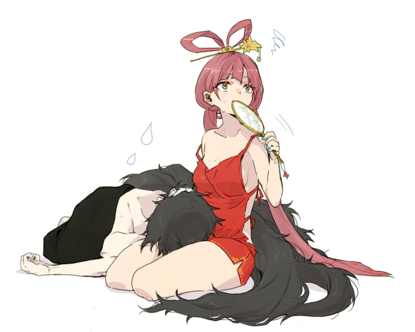 1boy, 1girl, aqua_nails, backless_outfit, bare_shoulders, black_hair, black_pants, blue_eyes