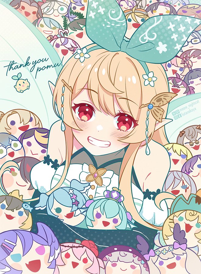 aia_amare, alban_knox, aqua_bow, aster_arcadia, black_gloves, blonde_hair, blush, bow, brooch, butterfly_brooch, character_doll, claude_clawmark, detached_sleeves, doll, doppio_dropscythe, elbow_gloves, elira_pendora, enna_alouette, finana_ryugu, fulgur_ovid, gloves, grin, hair_bow, halterneck, hex_haywire, holding, holding_doll, ike_eveland, jewelry, kotoka_torahime, kunai_nakasato, kyo_kaneko, long_hair, looking_at_viewer, luca_kaneshiro, maria_marionette, meloco_kyoran, millie_parfait, nightcat, nijisanji, nijisanji_en, petra_gurin, pointy_ears, pomu_rainpuff, pomu_rainpuff_(1st_costume), red_eyes, reimu_endou, ren_zotto, rosemi_lovelock, scarle_yonaguni, selen_tatsuki, shu_yamino, smile, solo_focus, sonny_brisko, uki_violeta, vantacrow_bringer, ver_vermillion, vezalius_bandage, victoria_brightshield, virtual_youtuber, vox_akuma, yu_q._wilson