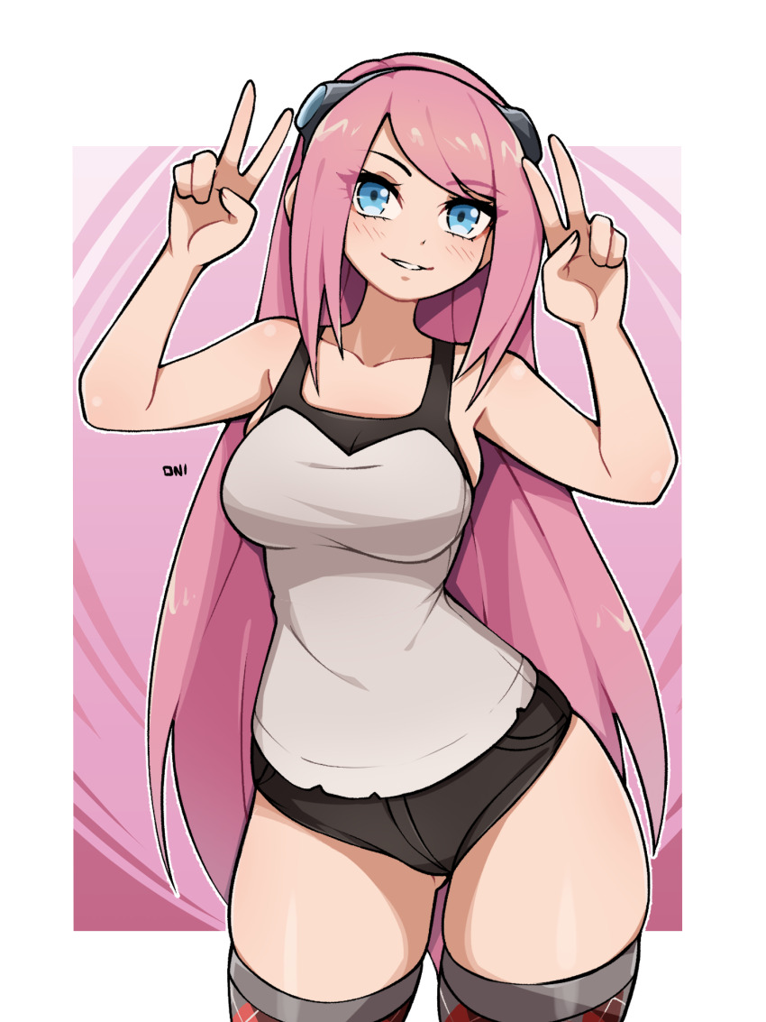 1girl, alternate_costume, artist_name, black_shorts, blue_eyes, breasts, collarbone, double_v