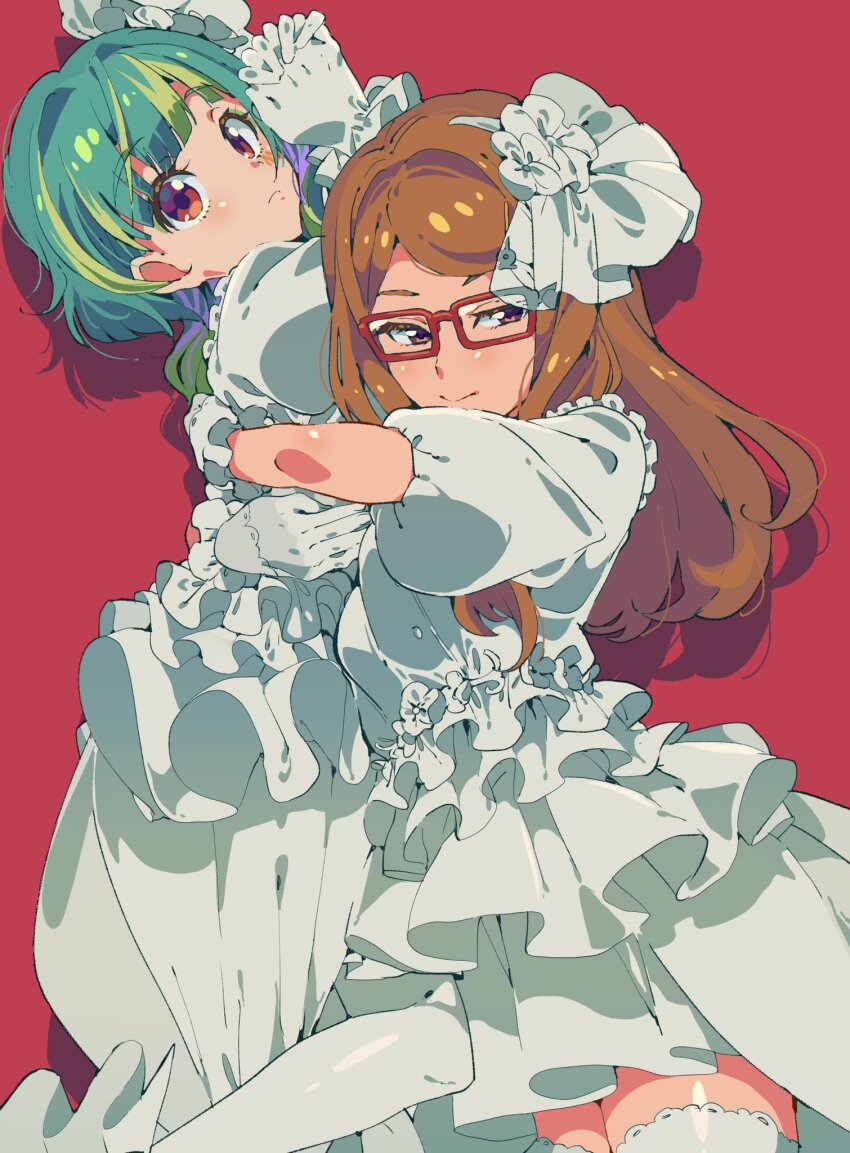 2girls, akai_meganee, blue_hair, blunt_bangs, brown_hair, closed_mouth, dress, drop_shadow