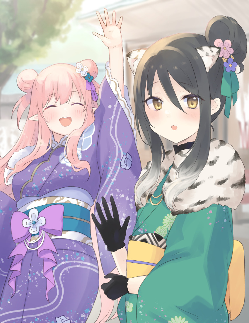 2girls, :d, ^_^, animal_ear_fluff, animal_ears, animal_print, arm_up, black_gloves