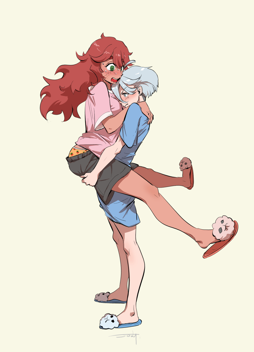 2girls, absurdres, animal_slippers, bare_legs, black_shorts, blue_dress, blush, breasts, carrying, carrying_person, closed_mouth, clothes_pull, commentary, couple, dated, dress, earrings, embarrassed, english_commentary, face_to_breasts, floating_hair, food_print, from_side, frown, fruit_print, full_body, green_eyes, grey_eyes, grey_hair, gundam, gundam_suisei_no_majo, had_a_dream_everyone_was_drawing_lesbian_ships_like_this_(meme), hair_down, hand_on_another's_leg, hand_on_another's_shoulder, hand_up, highres, jewelry, jody_tseng, lifting_person, long_hair, looking_at_another, medium_breasts, meme, midriff_peek, miorine_rembran, mixed-language_commentary, multiple_girls, panties, pink_shirt, print_panties, profile, ringed_eyes, shirt, short_hair, short_sleeves, shorts, shorts_pull, signature, simple_background, slippers, spread_legs, standing, strawberry_print, suletta_mercury, sweat, t-shirt, underwear, v_legs, wavy_mouth, yellow_panties, yuri