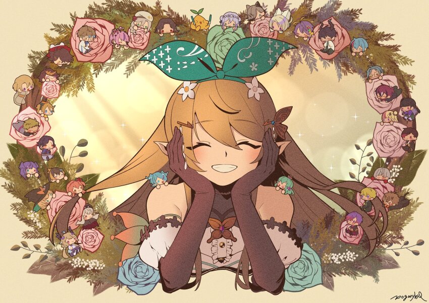 aia_amare, alban_knox, aster_arcadia, black_gloves, blonde_hair, blue_flower, blue_rose, bow, brooch, butterfly_brooch, claude_clawmark, closed_eyes, commentary, doppio_dropscythe, elbow_gloves, elira_pendora, enna_alouette, finana_ryugu, flower, fulgur_ovid, gloves, green_bow, grin, hair_bow, hands_on_own_cheeks, hands_on_own_face, hex_haywire, highres, ike_eveland, jewelry, kotoka_torahime, kunai_nakasato, kyo_kaneko, long_hair, luca_kaneshiro, maria_marionette, meloco_kyoran, millie_parfait, nijisanji, nijisanji_en, petra_gurin, pink_flower, pink_rose, pogatyb, pomu_rainpuff, pomu_rainpuff_(1st_costume), reimu_endou, ren_zotto, rose, rosemi_lovelock, scarle_yonaguni, selen_tatsuki, shu_yamino, smile, solo_focus, sonny_brisko, untranslatable_commentary, uki_violeta, vantacrow_bringer, ver_vermillion, vezalius_bandage, victoria_brightshield, virtual_youtuber, vox_akuma, yu_q._wilson