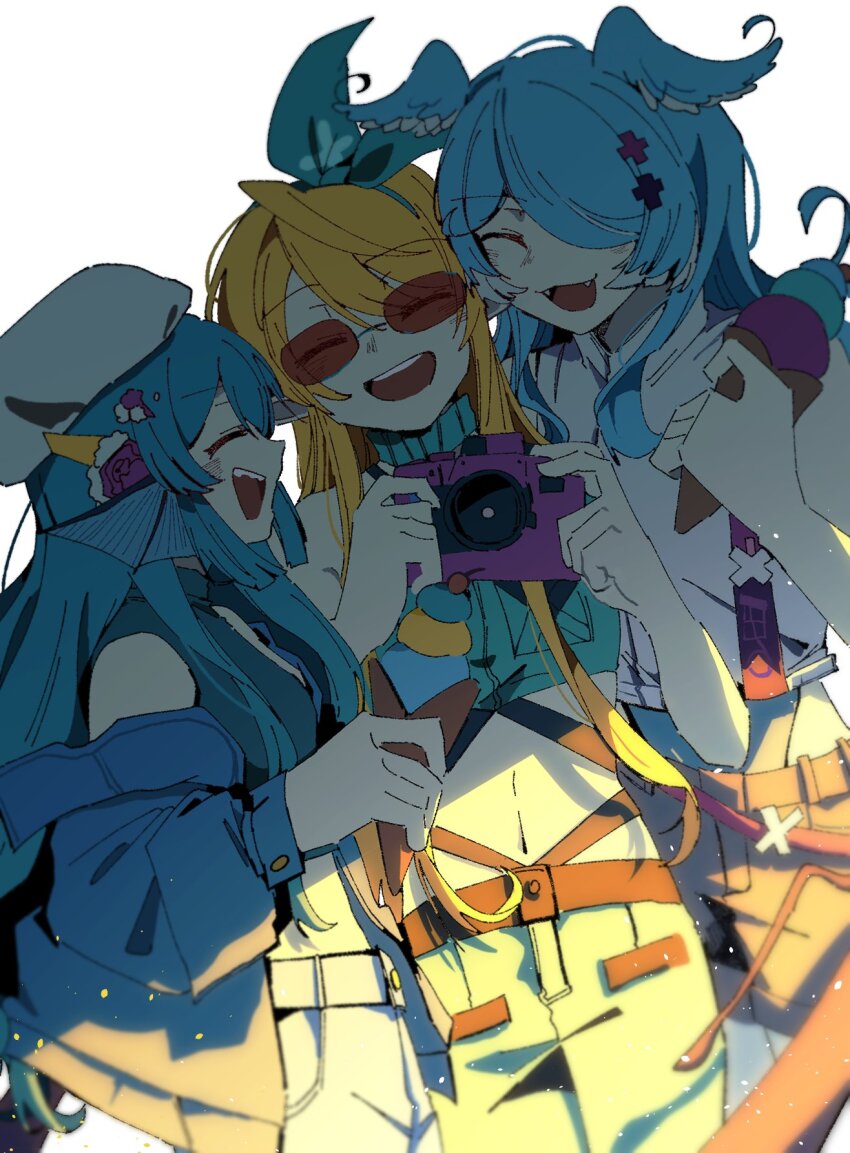 3girls, aqua_hair, blue_hair, blue_jacket, blue_wings, bow, camera, closed_eyes