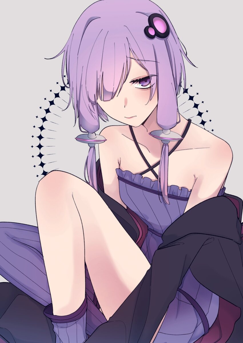 1girl, black_jacket, dress, expressionless, futaba_mei, grey_background, highres, jacket, looking_at_viewer, purple_dress, purple_eyes, purple_hair, sleeveless, sleeveless_dress, solo, striped_clothes, striped_dress, striped_socks, vertical-striped_clothes, vertical-striped_dress, vertical-striped_socks, voiceroid, yuzuki_yukari