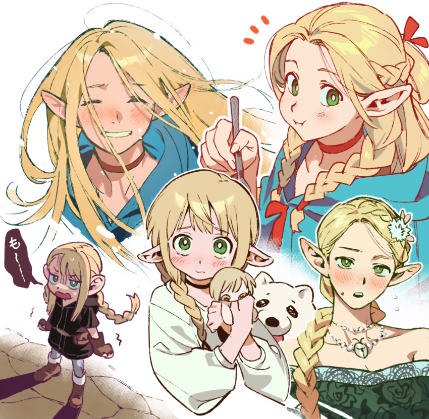 1girl, aged_down, alternate_form, bare_shoulders, black_choker, blonde_hair, blue_capelet, blunt_bangs, blush, braid, braided_ponytail, capelet, character_doll, choker, dog, doll, dress, dungeon_meshi, eating, elf, falin_touden, flower, flying_sweatdrops, green_dress, green_eyes, hair_flower, hair_ornament, halfling, holding, holding_spoon, jewelry, laios_touden, laios_touden_(dog), long_hair, looking_at_viewer, marcille_donato, marcille_donato_(half-foot), multiple_views, necklace, pajamas, parted_bangs, pointy_ears, qin_(7833198), red_choker, red_ribbon, ribbon, single_braid, smile, spoilers, spoon, strapless, strapless_dress, stuffed_toy, sweatdrop, tearing_up, translated, twin_braids, white_background, white_pajamas