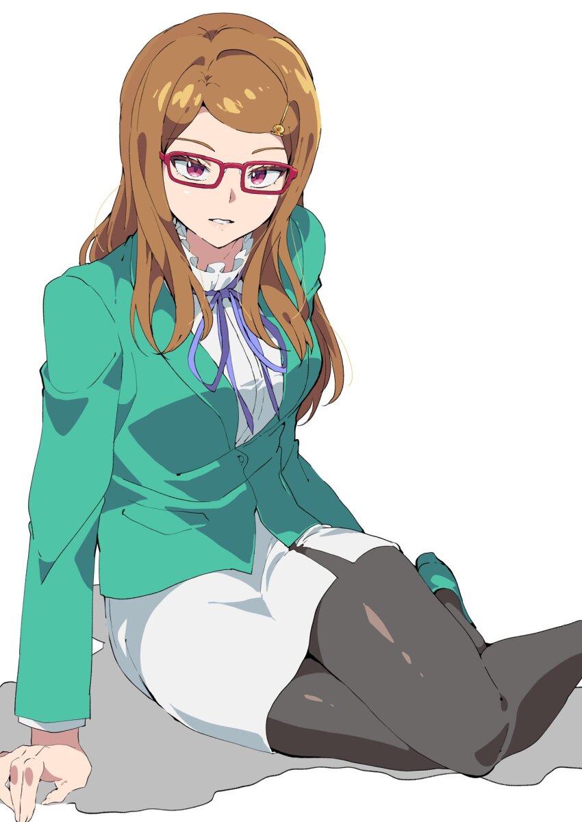 1girl, akai_meganee, black_pantyhose, blue_ribbon, breasts, brown_hair, commentary_request, foot_out_of_frame, glasses, green_jacket, highres, jacket, long_hair, long_sleeves, looking_at_viewer, medium_breasts, neck_ribbon, office_lady, pantyhose, pencil_skirt, pretty_series, red-framed_eyewear, ribbon, shirt, shoes, simple_background, sitting, skirt, solo, tsujii_luki, waccha_primagi!, white_background, white_shirt, white_skirt