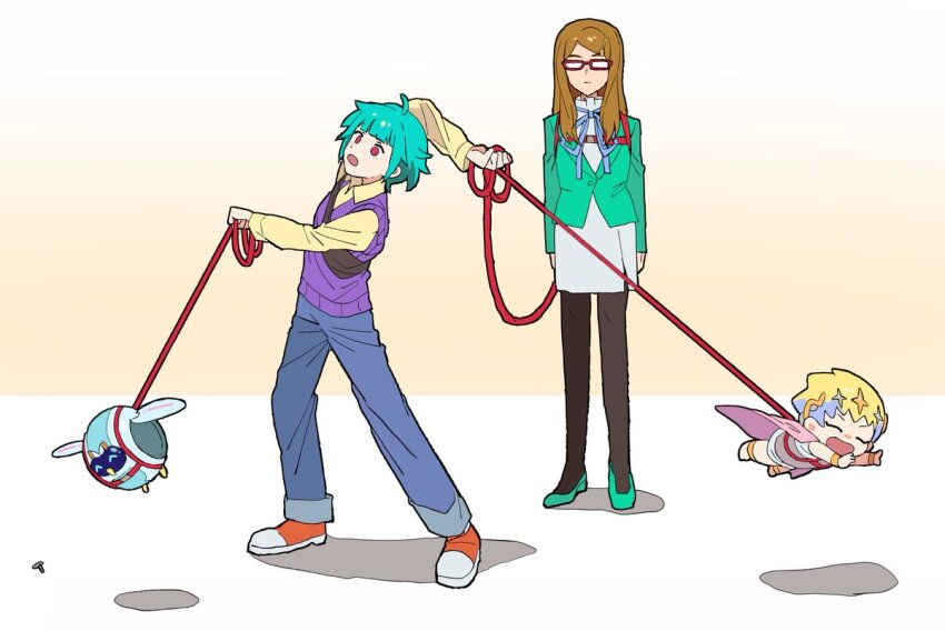 1boy, 2girls, akai_meganee, arm_up, baby, bird, black_pantyhose, blonde_hair