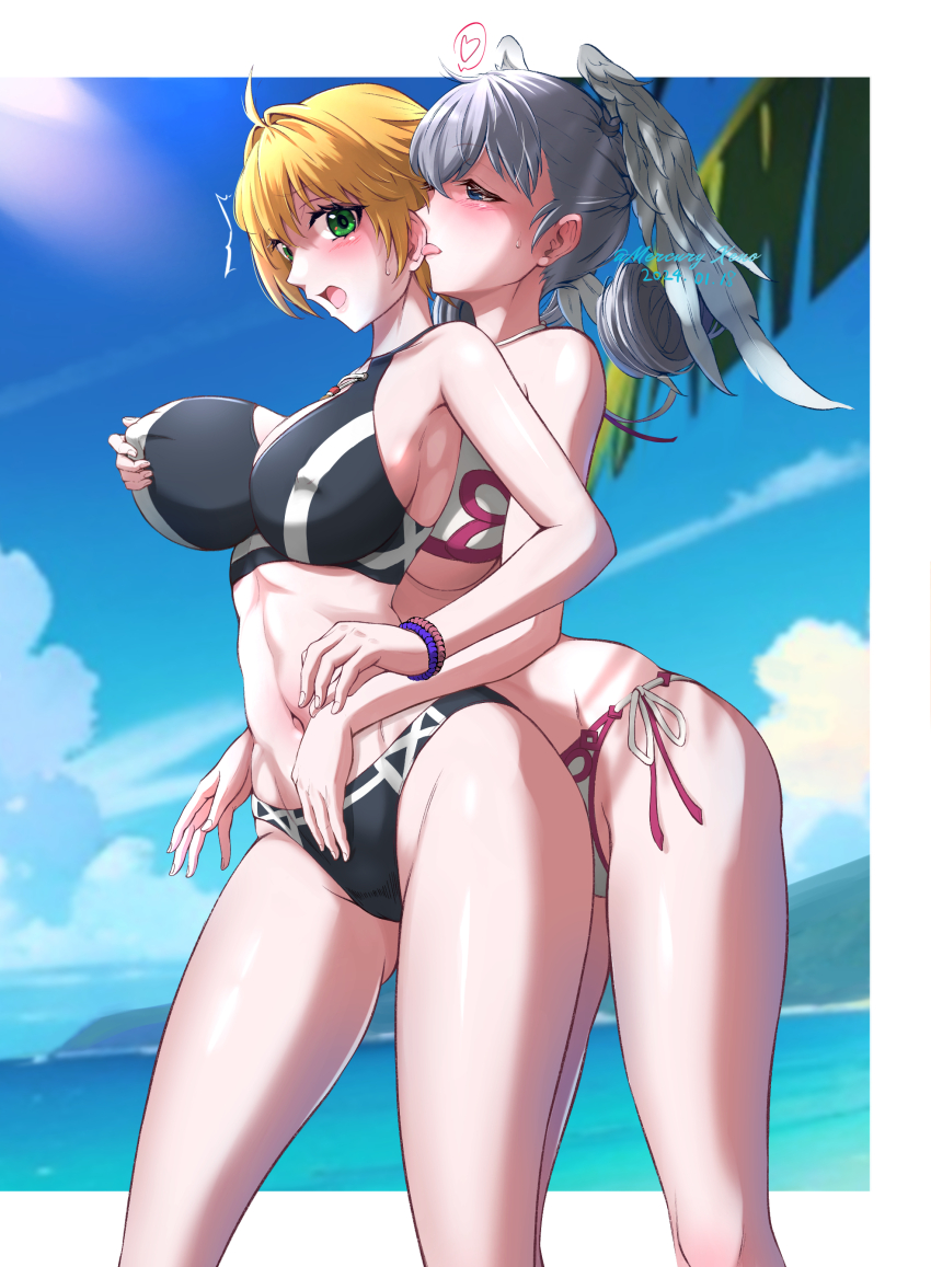 2girls, absurdres, bikini, black_bikini, blonde_hair, blue_eyes, breasts, cleavage