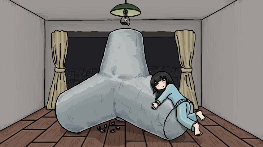 1girl, barefoot, black_hair, blue_jacket, blue_pants, blunt_bangs, broken_glass, ceiling_light, closed_mouth, curtains, fuchina_(fucinami), full_body, funo-chan_(fuchina), glass, glass_shards, highres, hugging_object, indoors, jacket, lamp, long_hair, long_sleeves, lying, original, pants, smile, solo, tetrapod, track_suit, window, wooden_floor