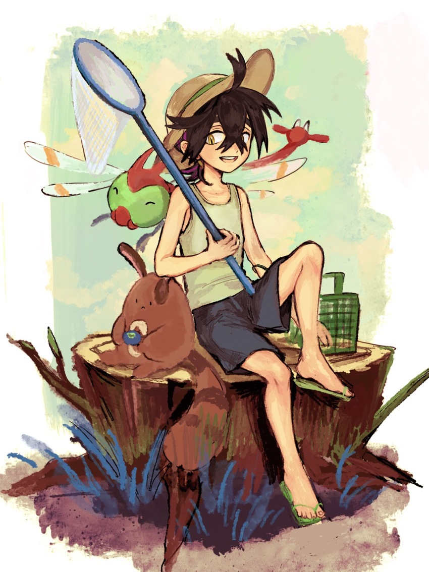1boy, berry_(pokemon), black_hair, black_shorts, blue_sky, border, brown_fur, bug