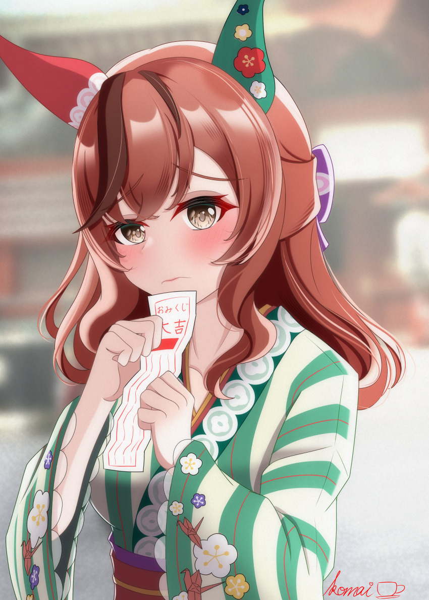 1girl, absurdres, animal_ears, artist_name, blurry, blurry_background, blush, brown_eyes