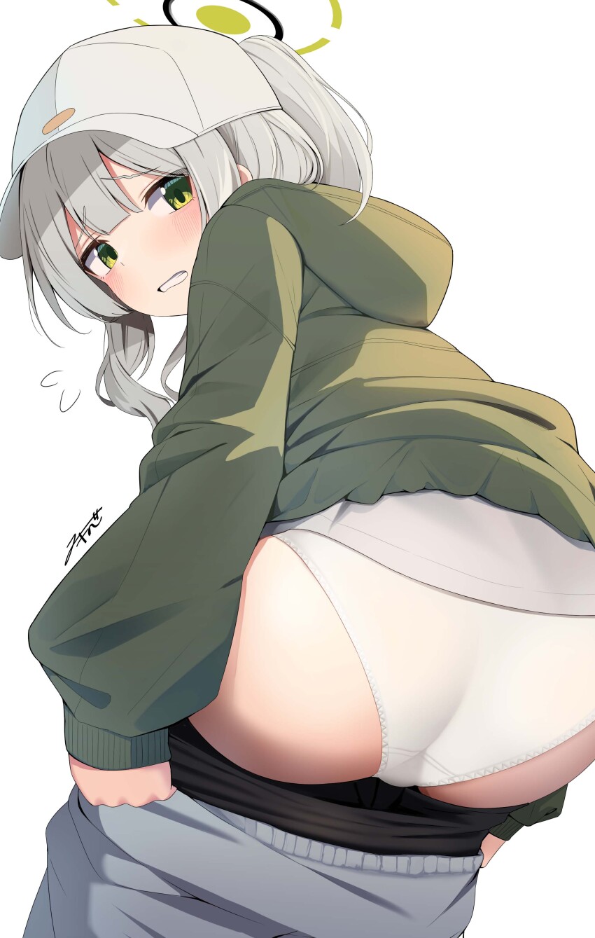 1girl, absurdres, akinoji_(akiponpon27), ass, baseball_cap, blue_archive, blunt_bangs, commentary, cowboy_shot, from_behind, from_below, green_eyes, green_jacket, grey_hair, grey_pants, halo, hare_(blue_archive), hare_(camp)_(blue_archive), hat, highres, hood, hood_down, hooded_jacket, jacket, looking_at_viewer, looking_back, official_alternate_costume, open_mouth, panties, pants, pants_lift, parted_bangs, ponytail, simple_background, solo, underwear, white_background, white_hat, white_panties, yellow_halo