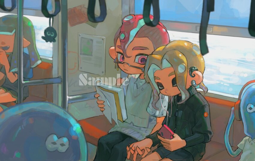 1girl, 2boys, 2others, black_jacket, blonde_hair, book, closed_eyes, closed_mouth