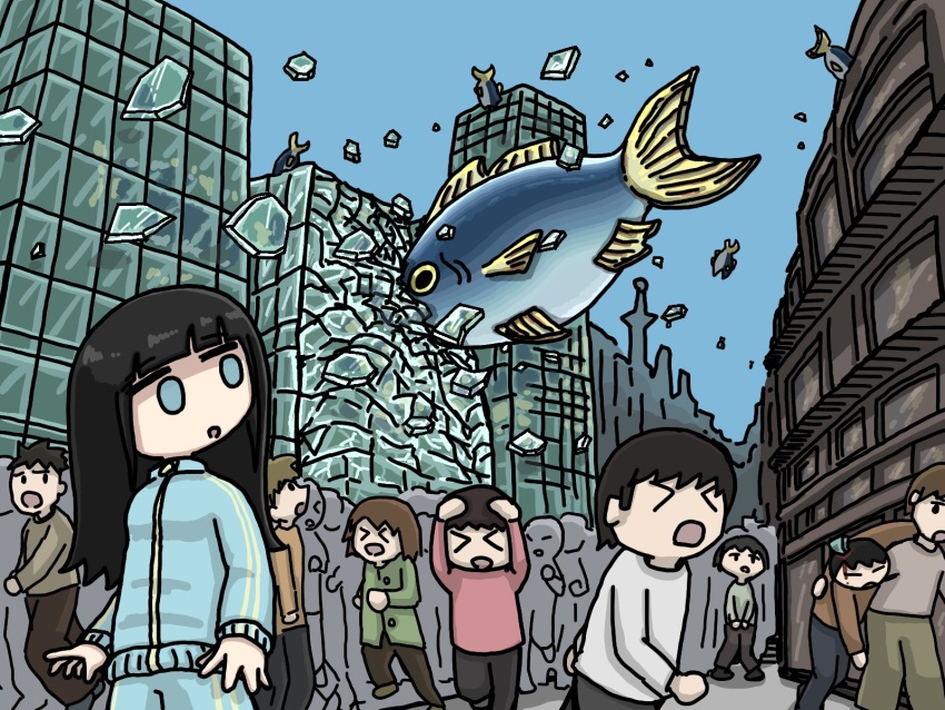 >_<, 1girl, animal, bizarre_rain, black_hair, blue_eyes, blue_jacket, blue_pants