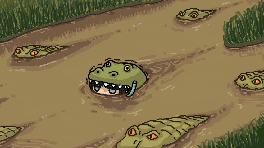 1girl, animal_hat, black_hair, blue_eyes, blunt_bangs, breathing_tube, crocodile, crocodilian